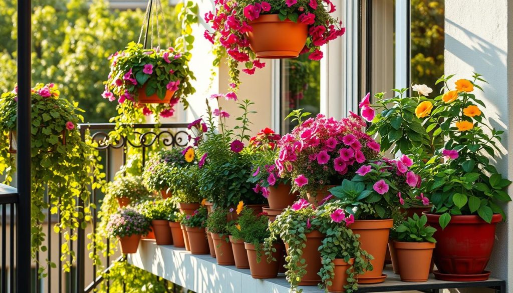 Colorful balcony garden ideas with pots and containers